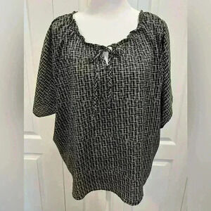 Oversized LOFT blouse size XS black white keyhole tie front batwing sleeve